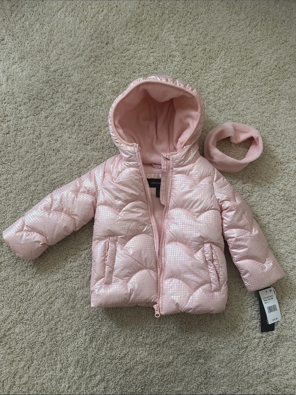 Girls' Shimmer Quilted Hooded Puffer Jacket in Light Pink